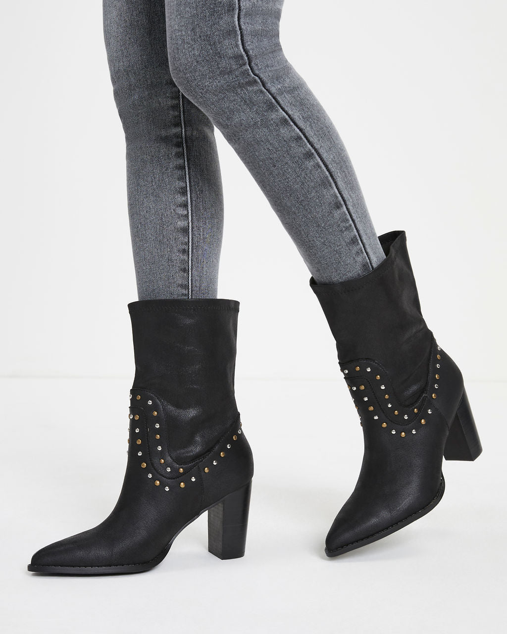 Dina Studded Faux Leather Heeled Boot - Black