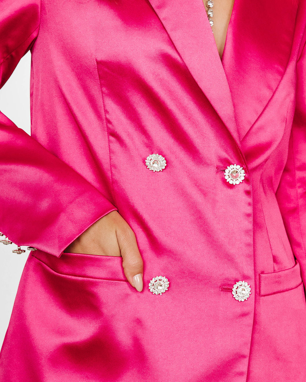 Sensational Queen Satin Embellished Pocketed Blazer - Fuchsia