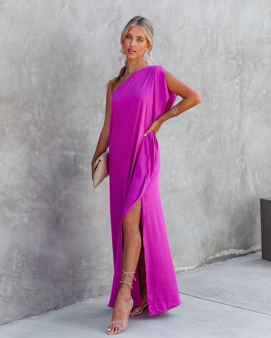 Gala Affair Satin One Shoulder Maxi Dress - Orchid