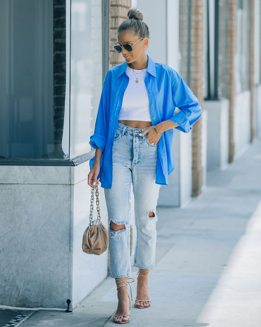 Leslie Button Up Cotton Top - Blue - FINAL SALE