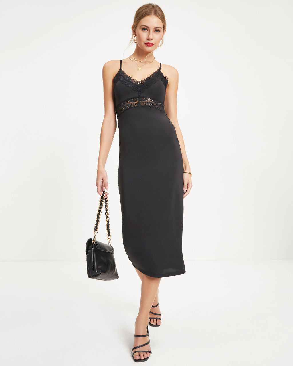Posh Girl Lace Trim Midi Dress - Black