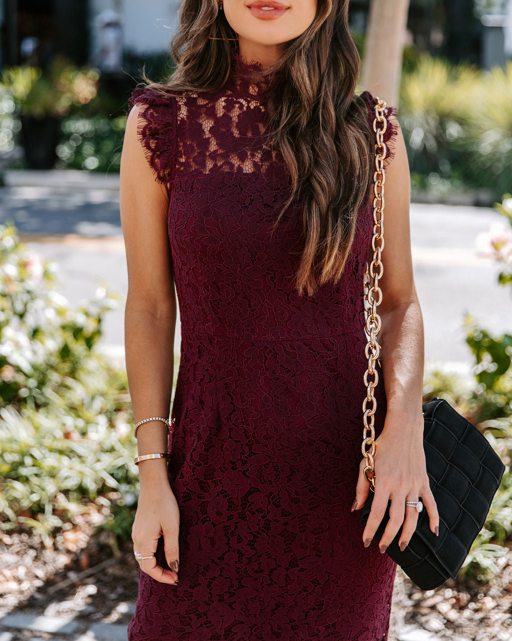 Frances Lace Ruffle Midi Dress - Wine