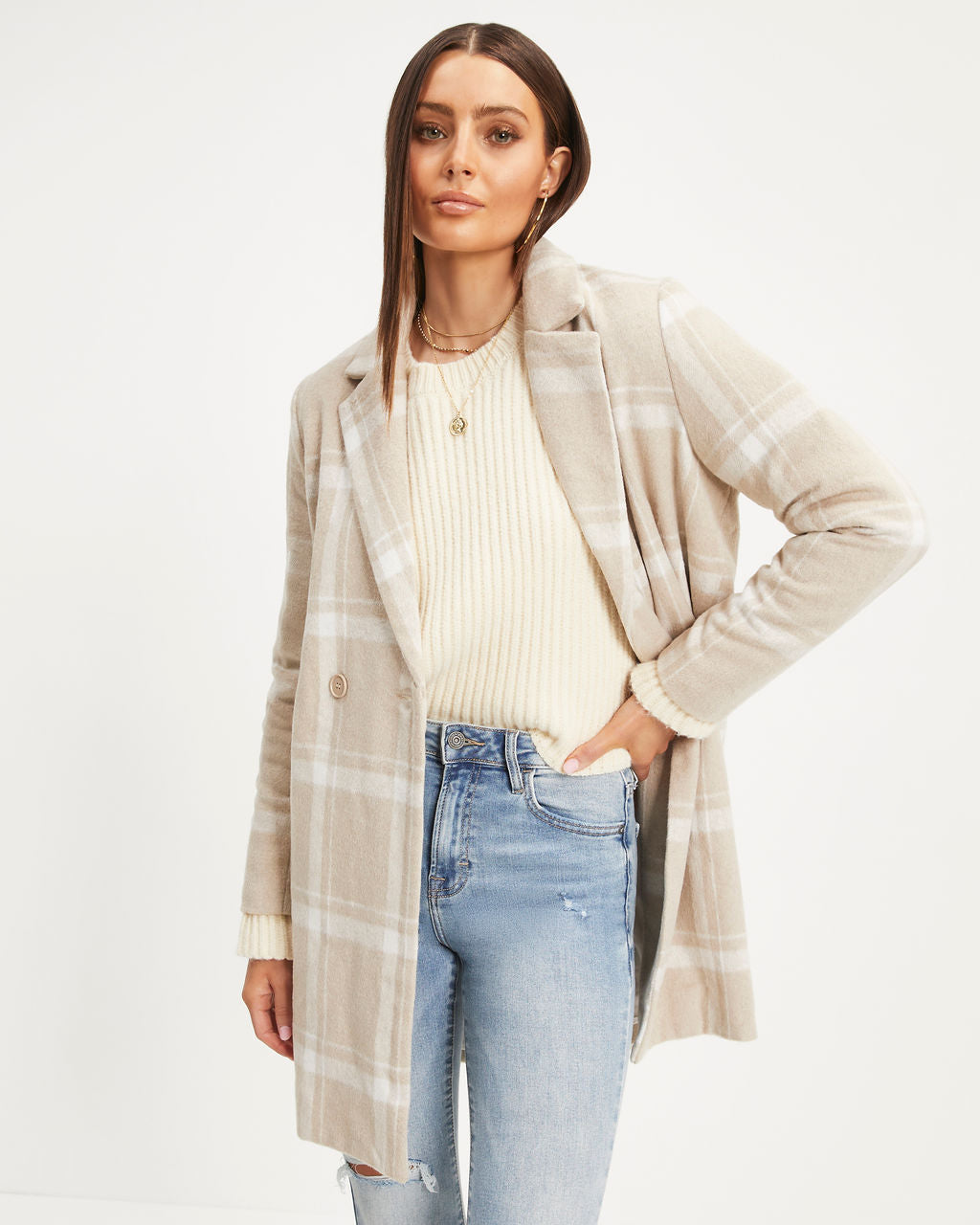 Coming To Town Plaid Pocketed Coat - Beige