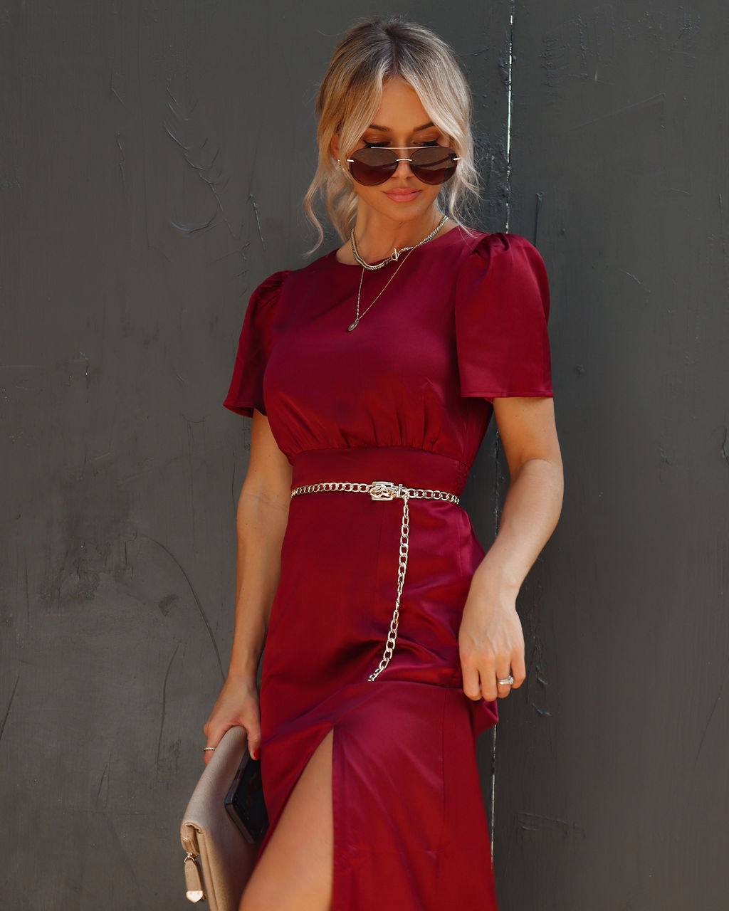 Anngie Satin Slit Midi Dress - Wine