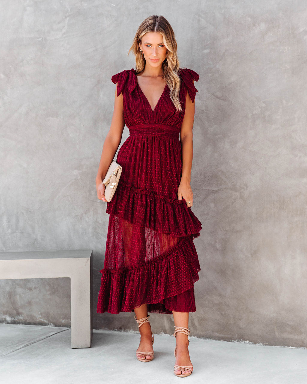 Carrie In Paris Tiered Tulle Midi Dress - Wine