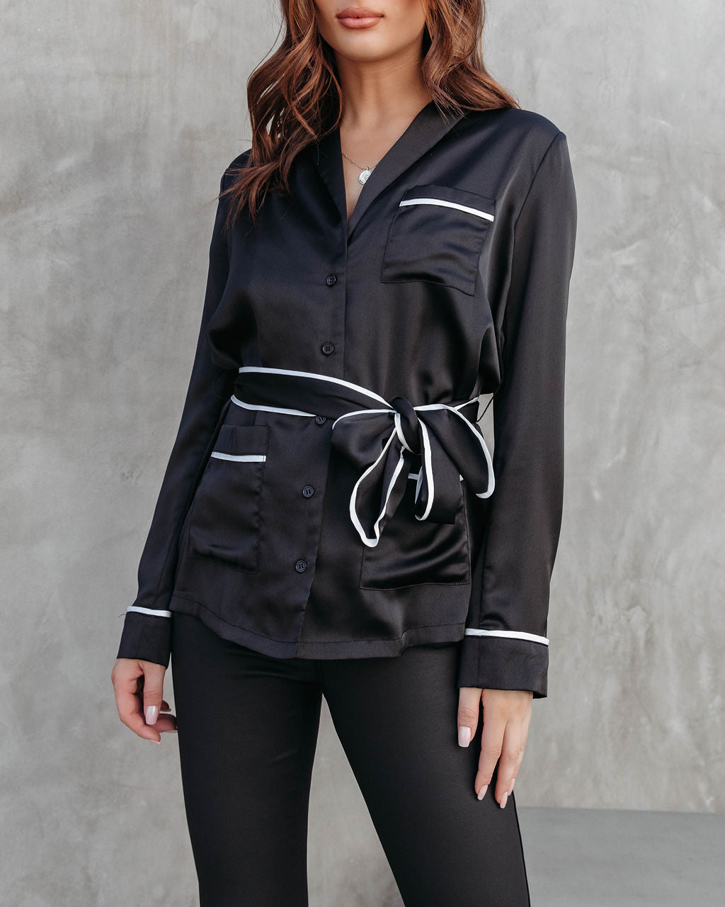 After Party Satin Pocketed Button Down Top - Black - FINAL SALE