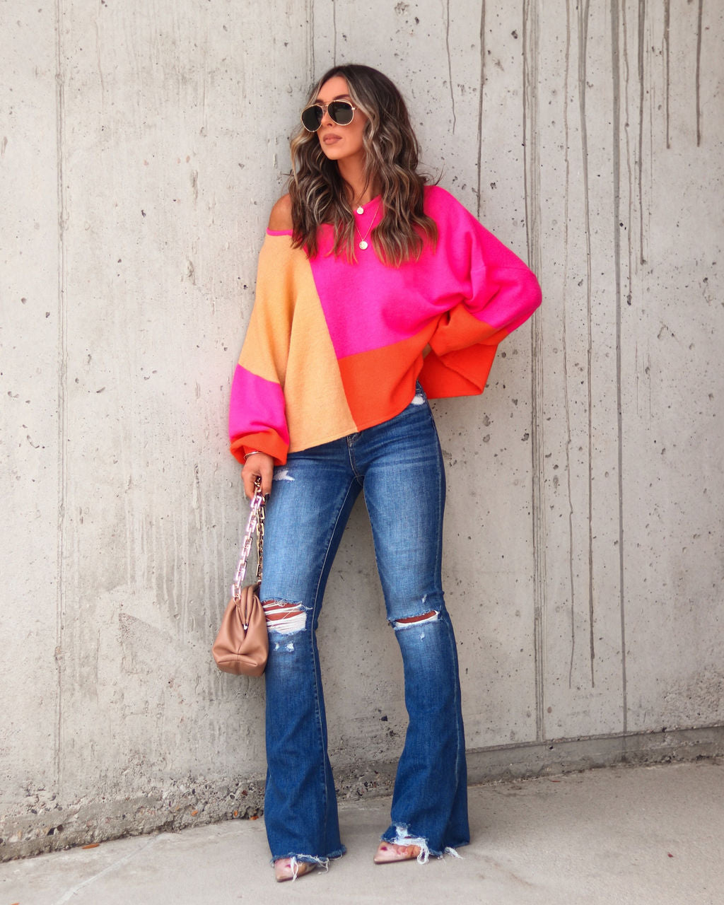 Work Of Art Colorblock Pullover Sweater - Fuchsia