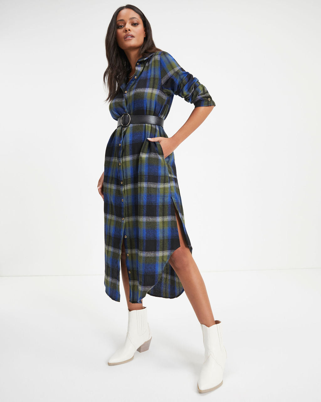 Jonathan Pocketed Plaid Button Down Midi Dress