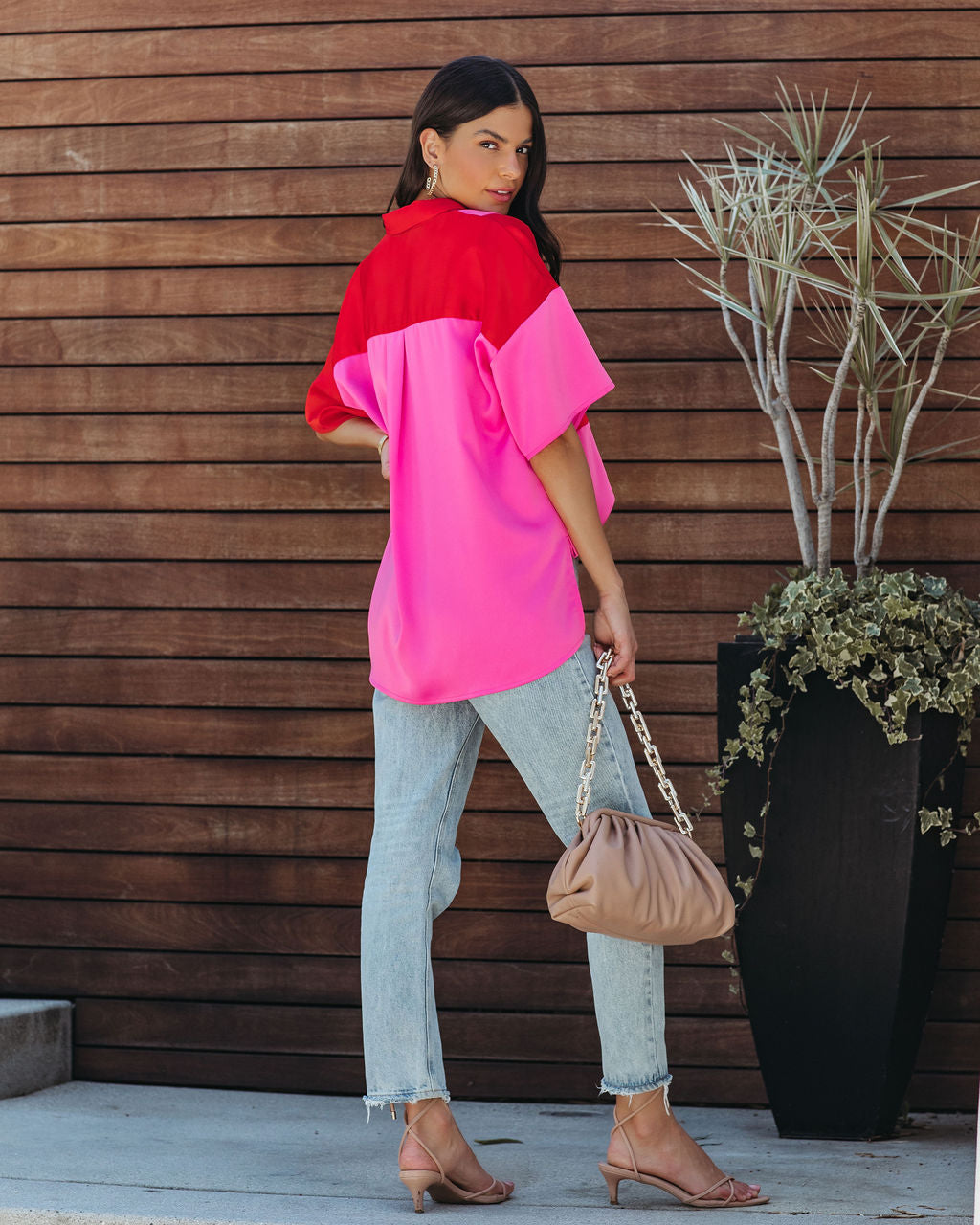 Fenella Colorblock Button Down Top - Red Combo - FINAL SALE