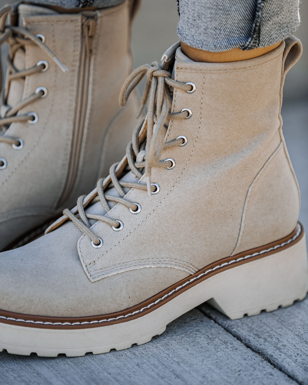 Marissa Faux Suede Lace Up Boot - Beige