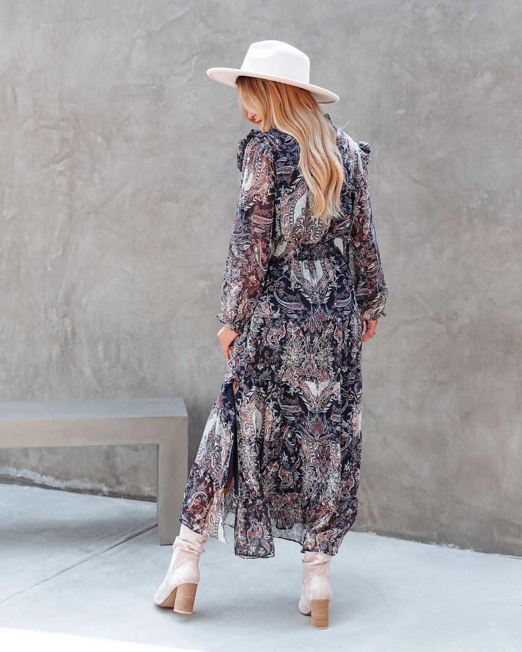 Indigo Printed Ruffle Smocked Maxi Dress