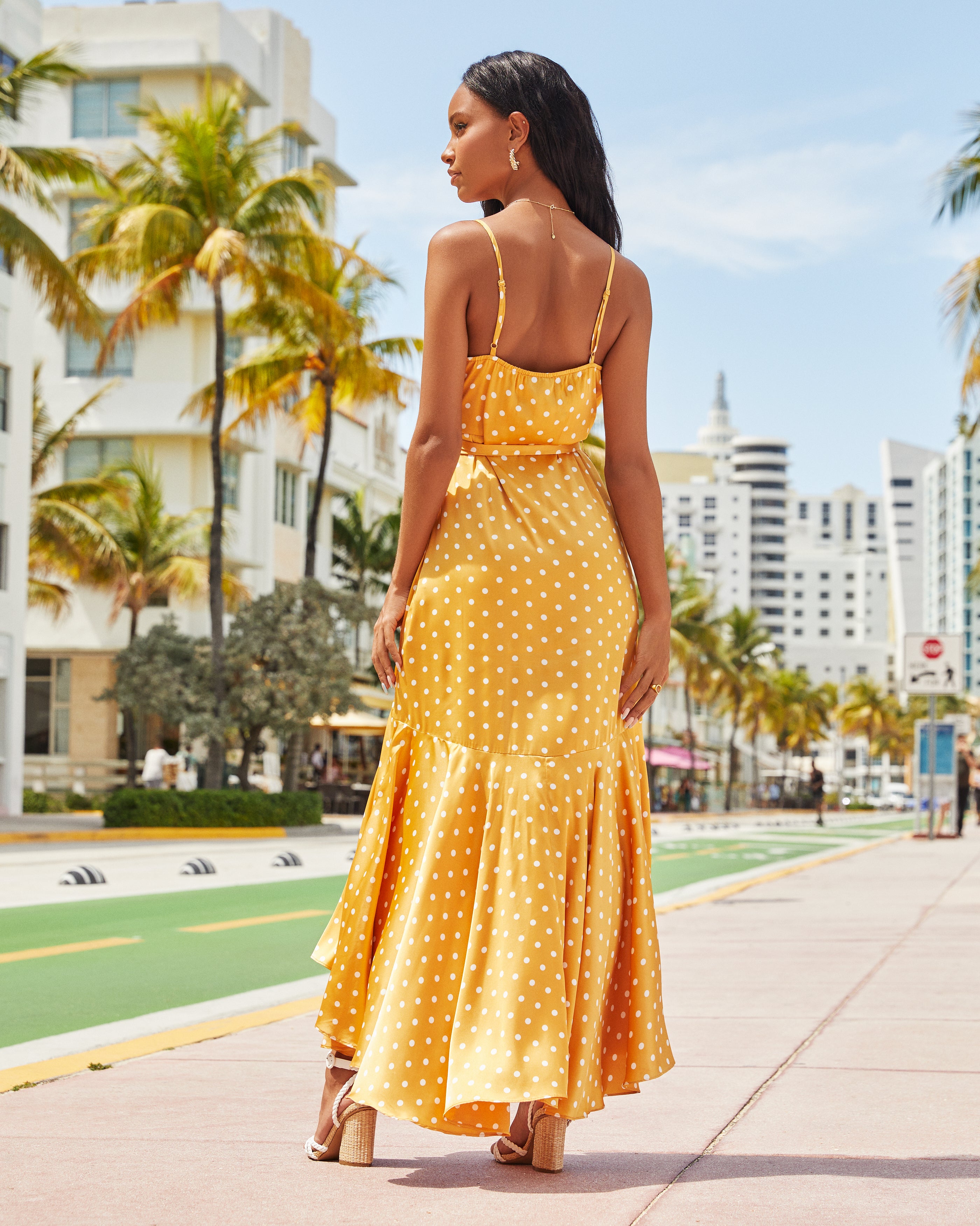 Claribella Satin Polka Dot High Low Maxi Dress - Mustard - FINAL SALE