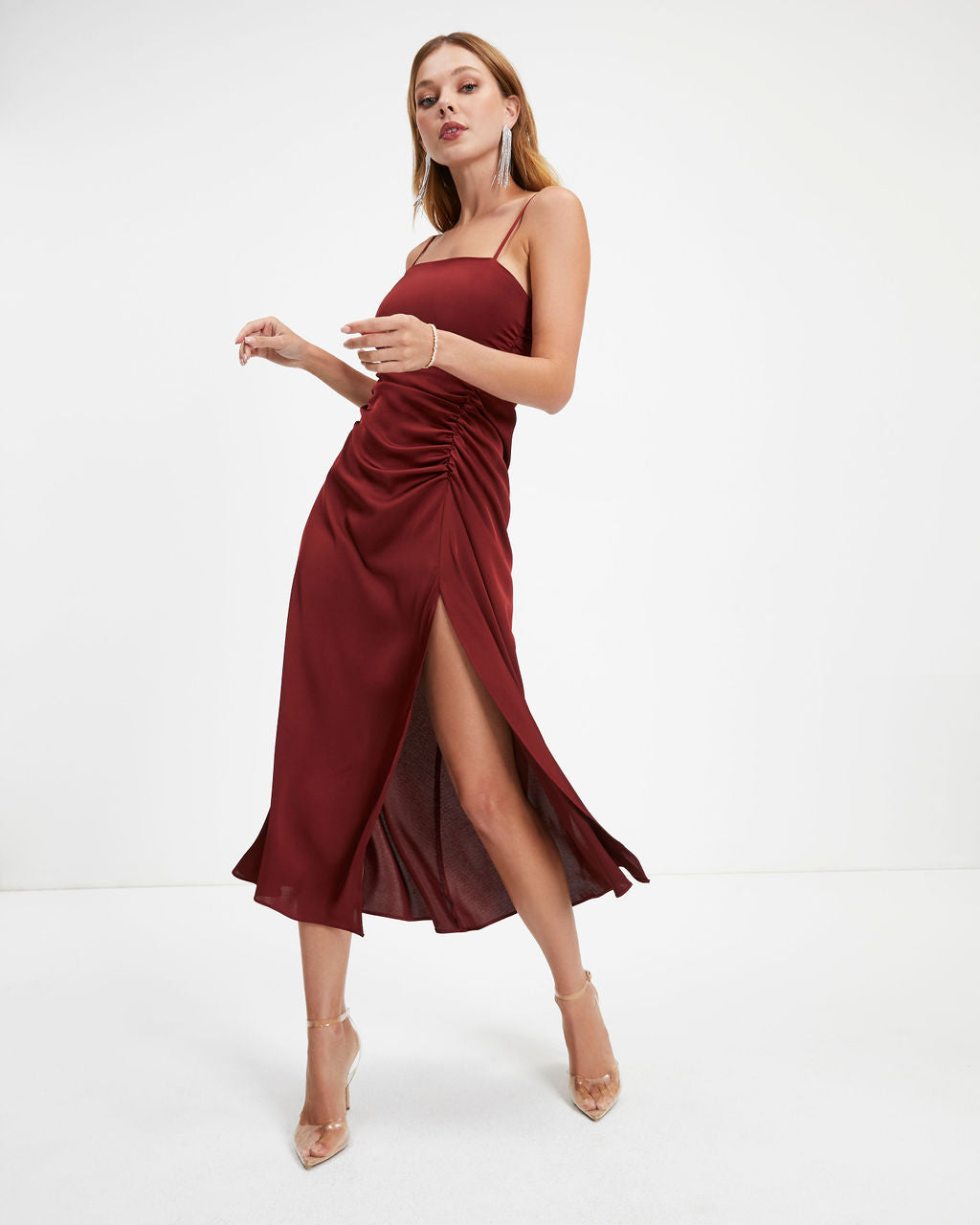 Luxe Doll Satin Drape Slit Midi Dress - Merlot