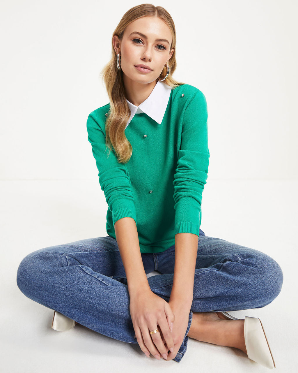 Christabel Embellished Collared Knit Pullover Sweater - Green