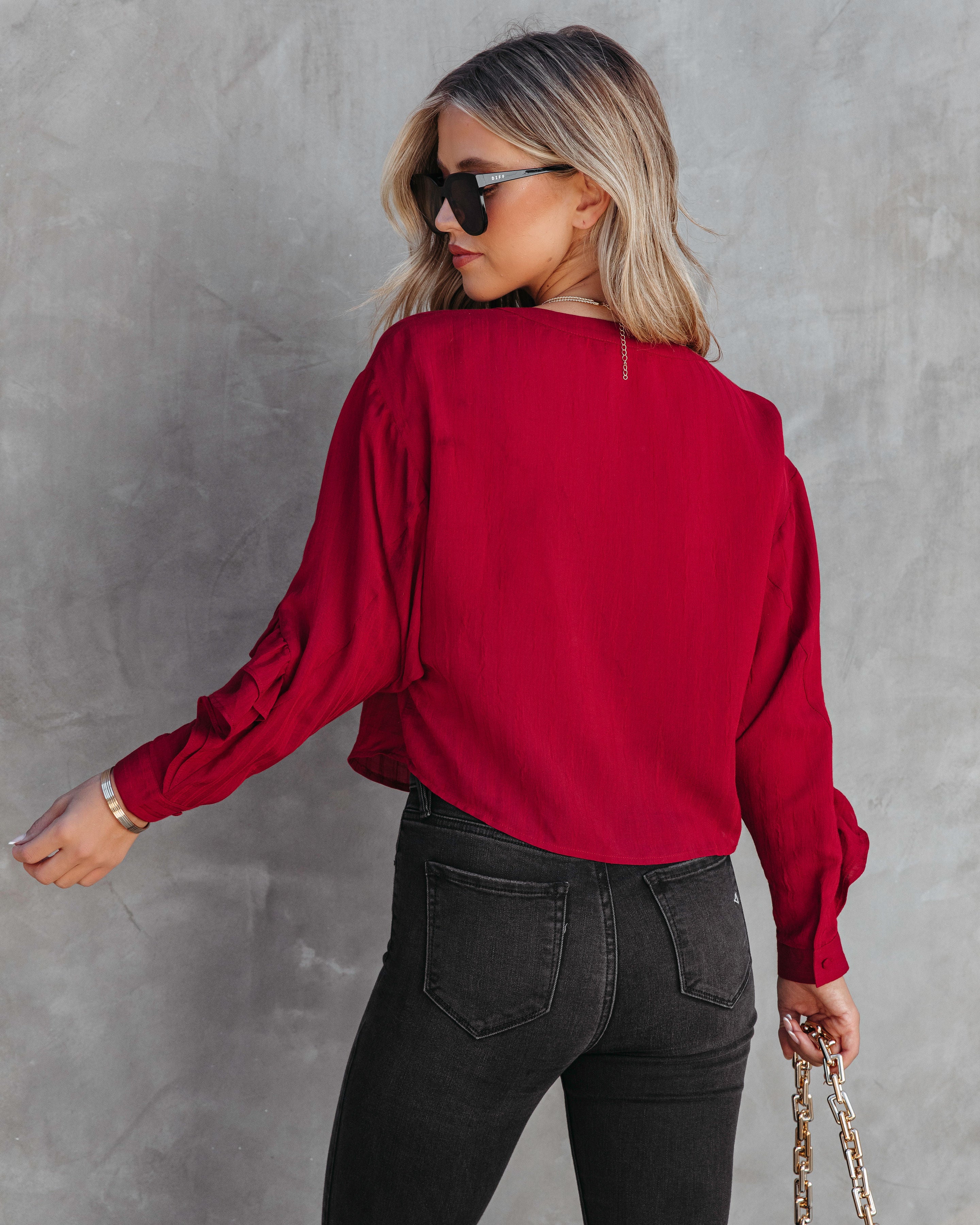 Mary Ruffle Button Down Top - Wine