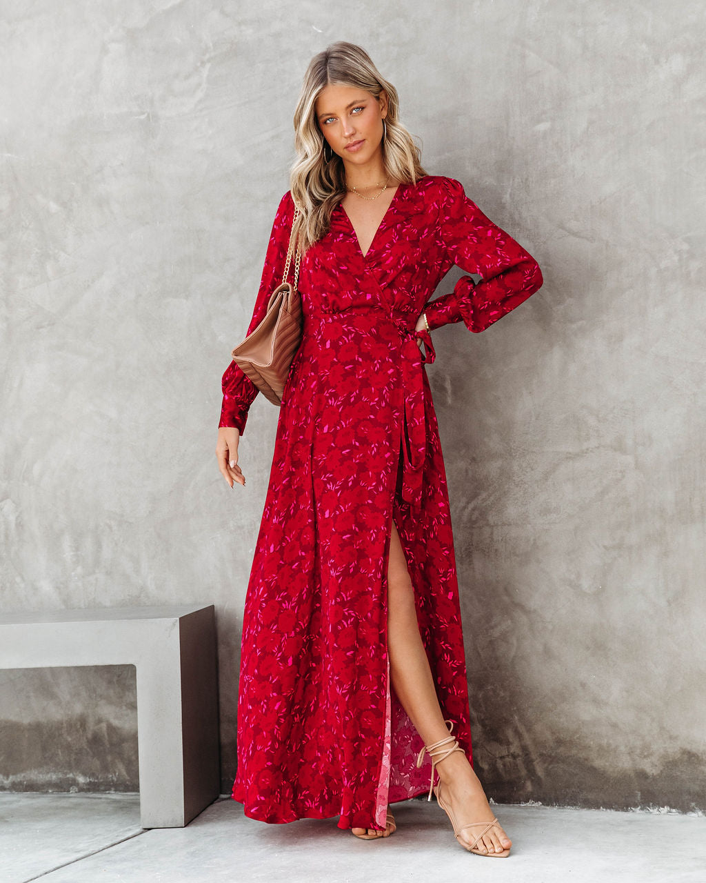 Lucia Satin Floral Wrap Maxi Dress - Red