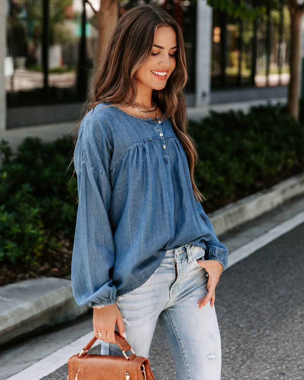 Blue Crew Chambray Henley Tencel Top - SALE