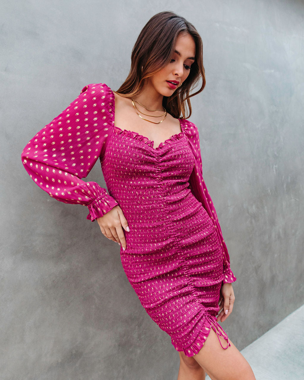 Fiesta Time Smocked Metallic Polka Dot Mini Dress - Berry