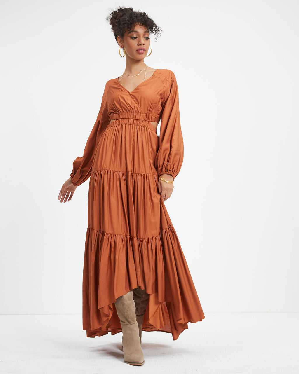 Sable Cutout Ruffle Maxi Dress - Rust