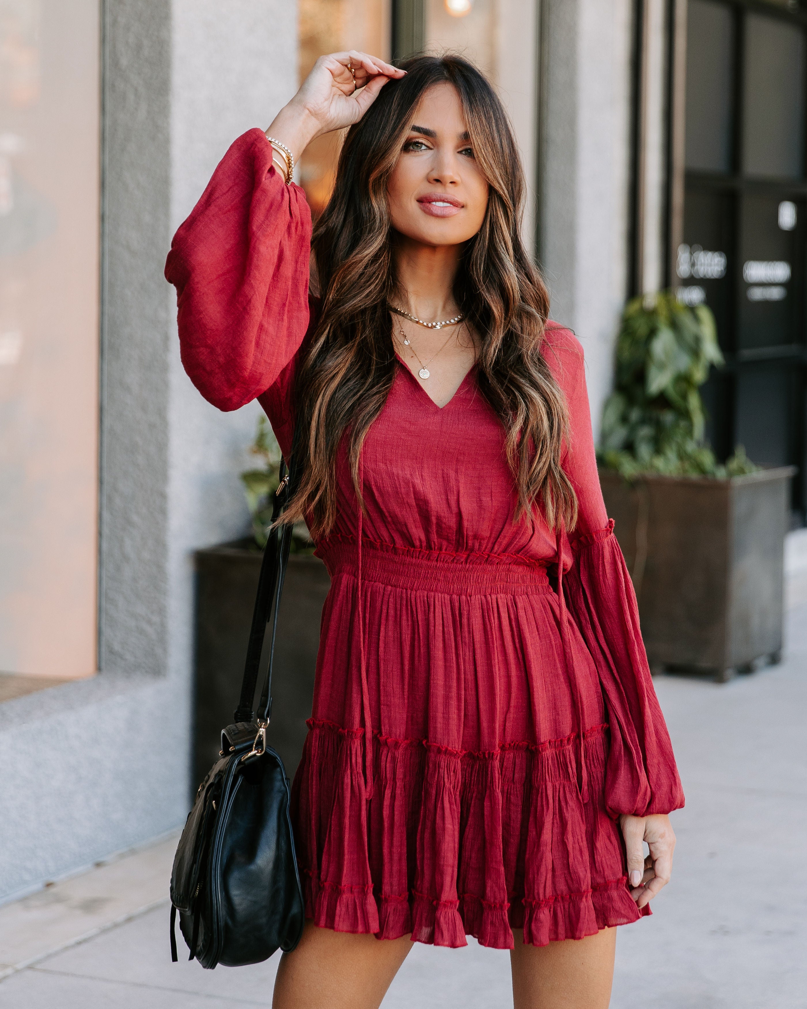 Run Free Babe Tiered Balloon Sleeve Mini Dress - Wine