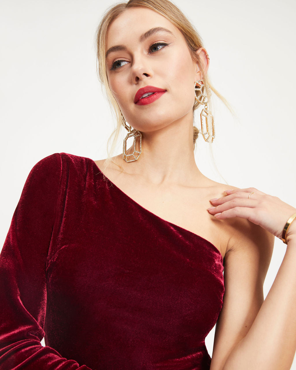 Spread The Cheer Velvet One Shoulder Mini Dress - Wine