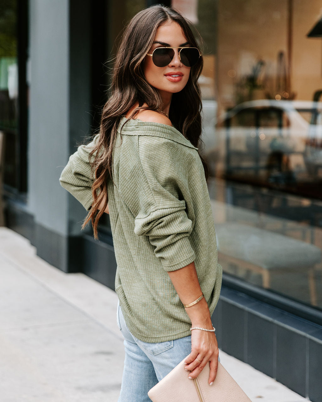 Touch Of Fall Oversized Ribbed Long Sleeve Top - Olive