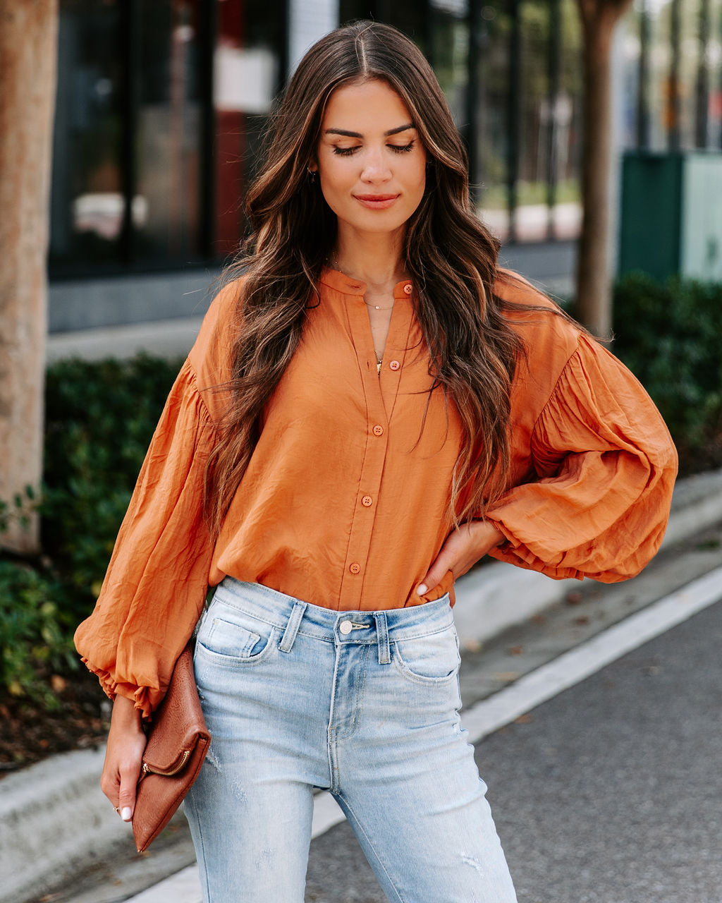 Asher Balloon Sleeve Button Down Top - Clay - SALE