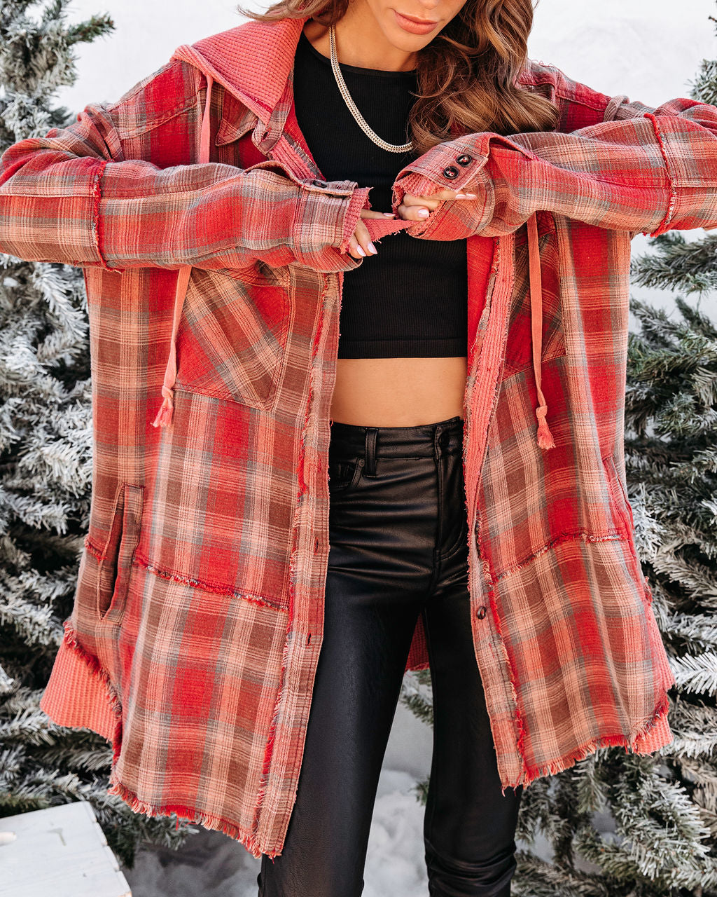 Portland Plaid Waffle Contrast Pocketed Hooded Jacket