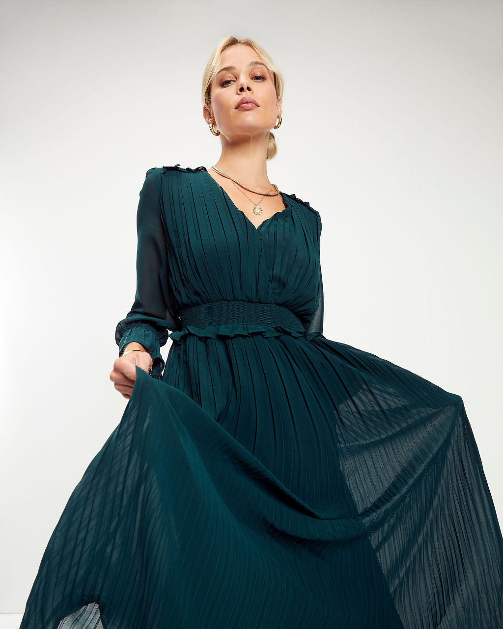 Forest Romance Pleated Midi Dress - Hunter Green