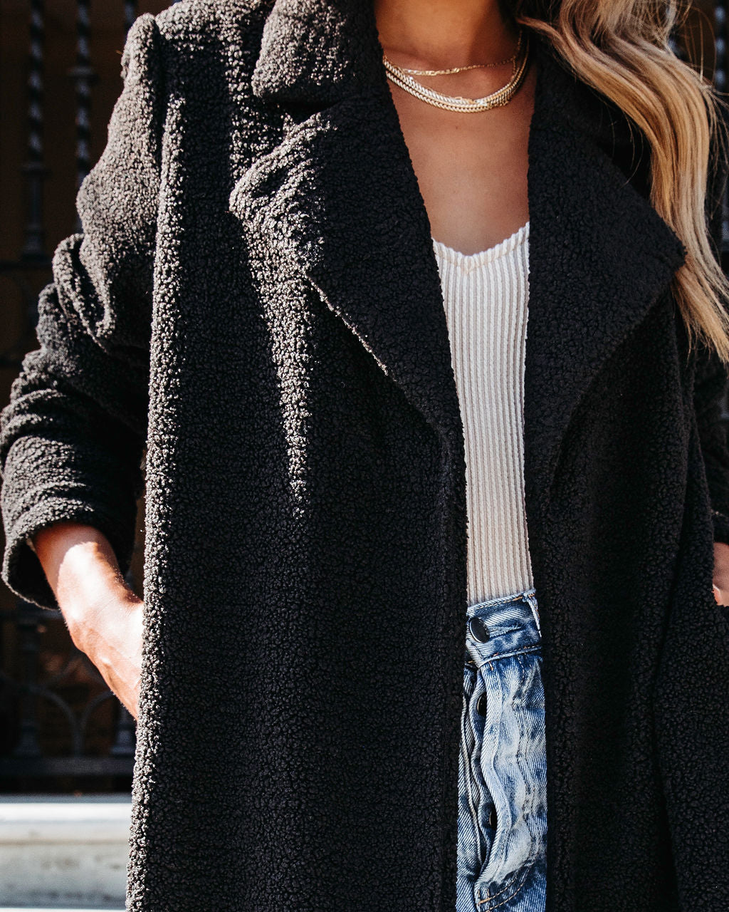 Living And Dreaming Pocketed Teddy Coat - Black