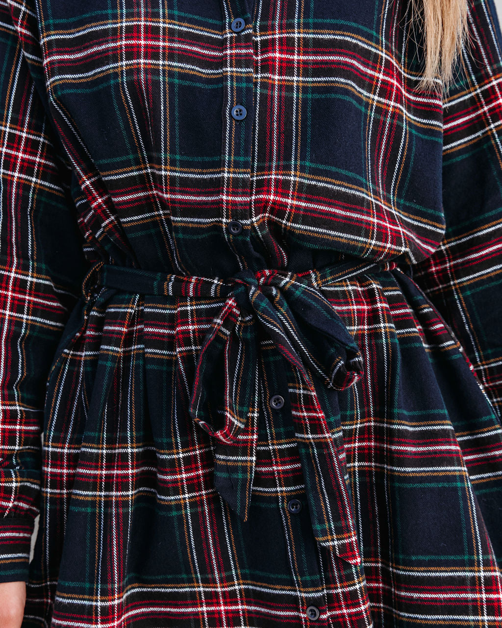 Riana Cotton Plaid Tie Shirt Dress - Navy
