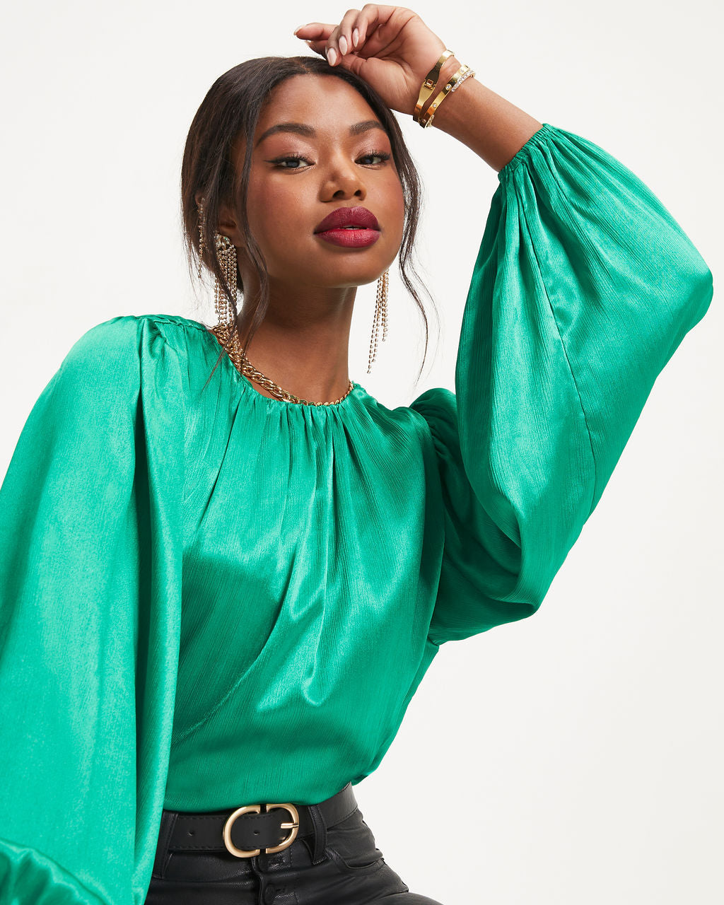 Perfect Timing Satin Balloon Sleeve Top - Green