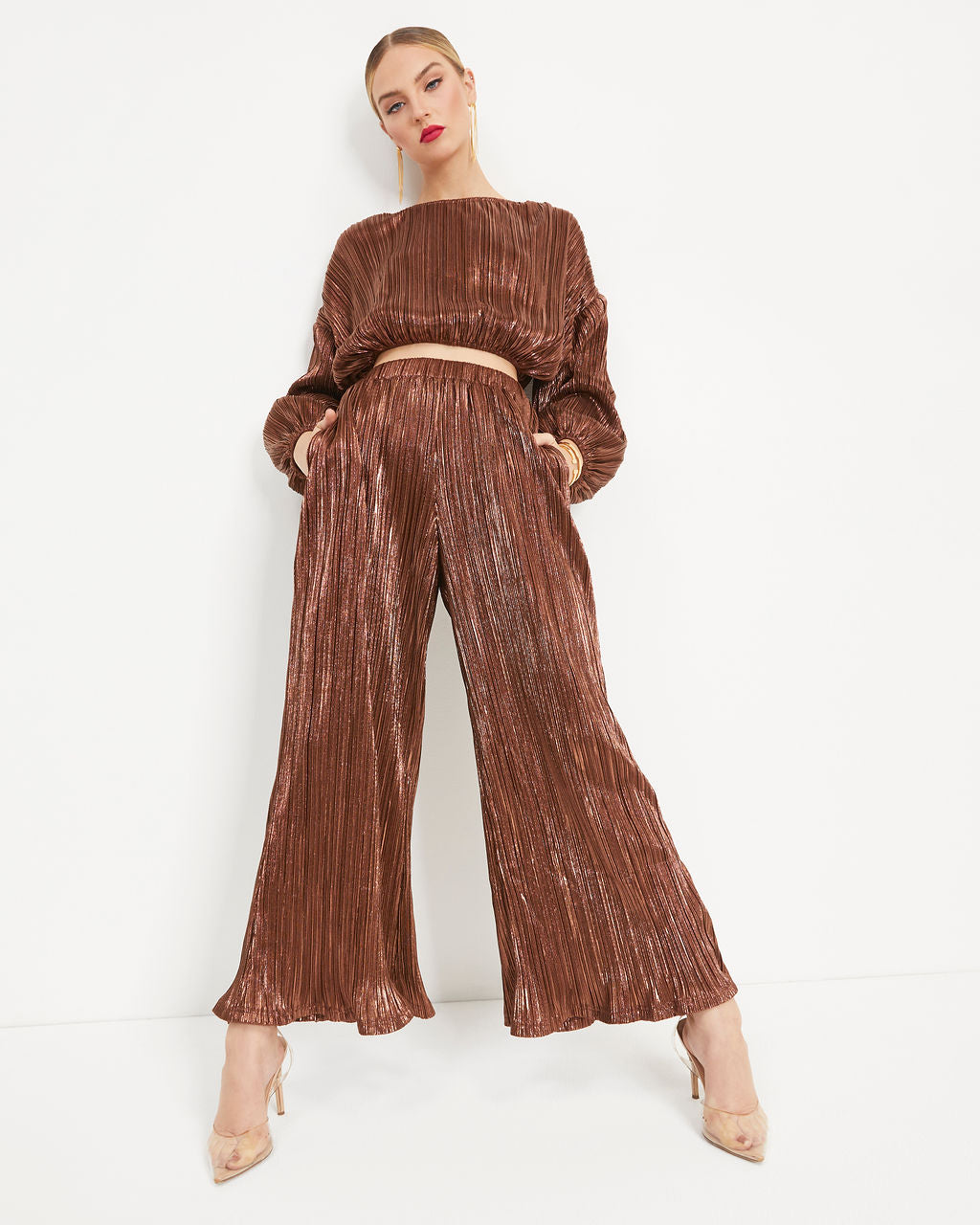 Kiyara Billowed Shimmer Plisse Top - Bronze
