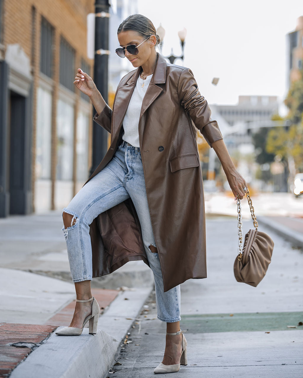Top Of The Press Pocketed Faux Leather Trench Coat - Chestnut