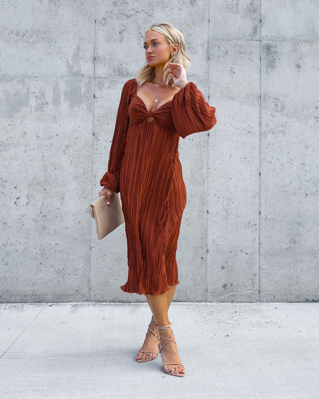 Very Impressed Plisse Cutout Midi Dress - Rust