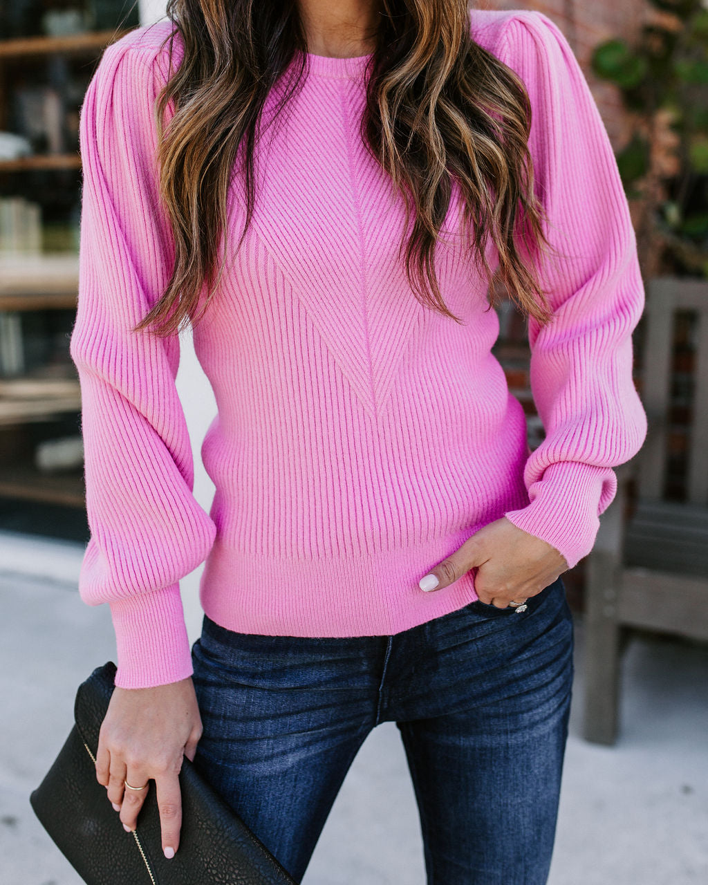 Bubble Over Ribbed Knit Sweater - Pink