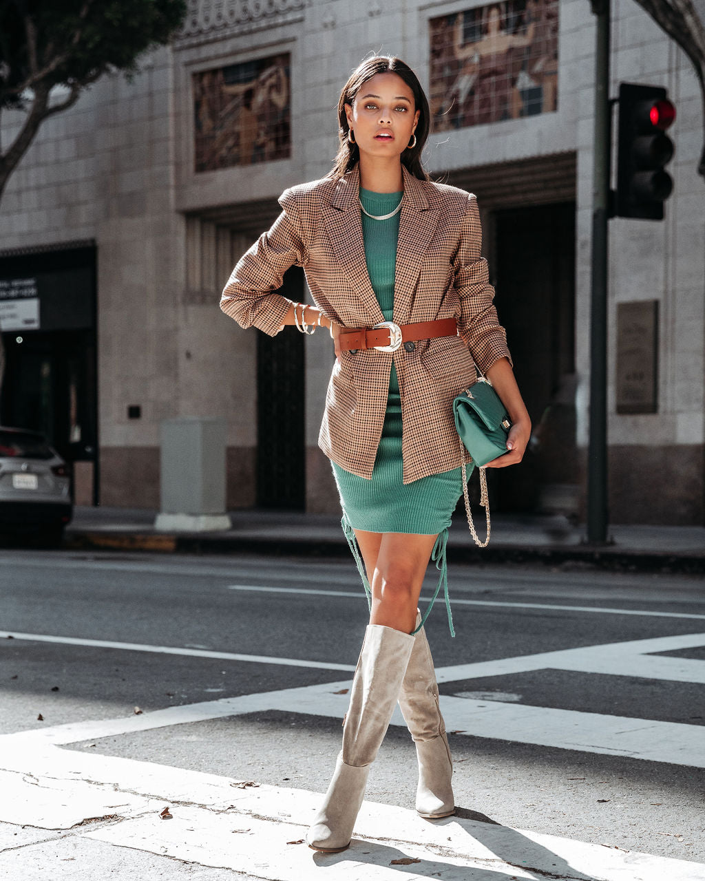 Yasmine Long Sleeve Ruched Knit Dress - Green