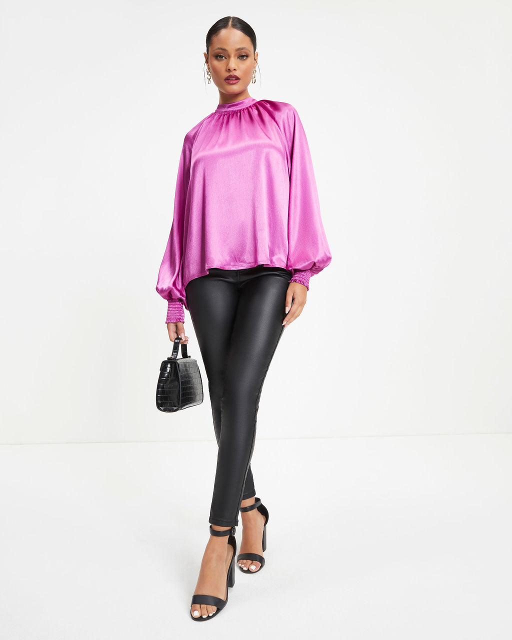 Jaylene Satin Long Sleeve Top - Magenta