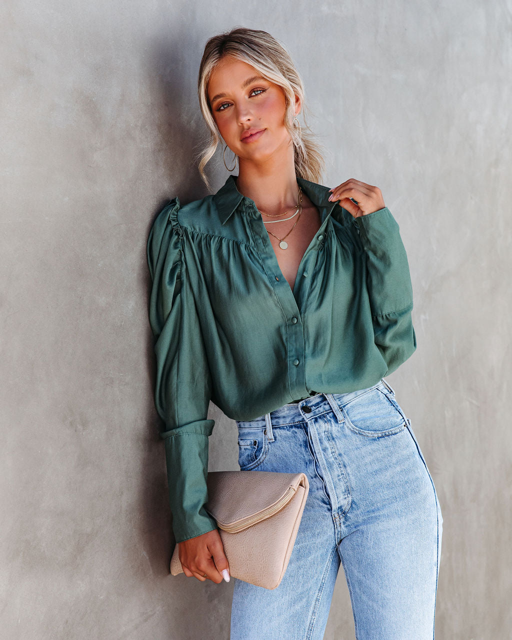 Southern Belle Puff Sleeve Button Down Top - Pine