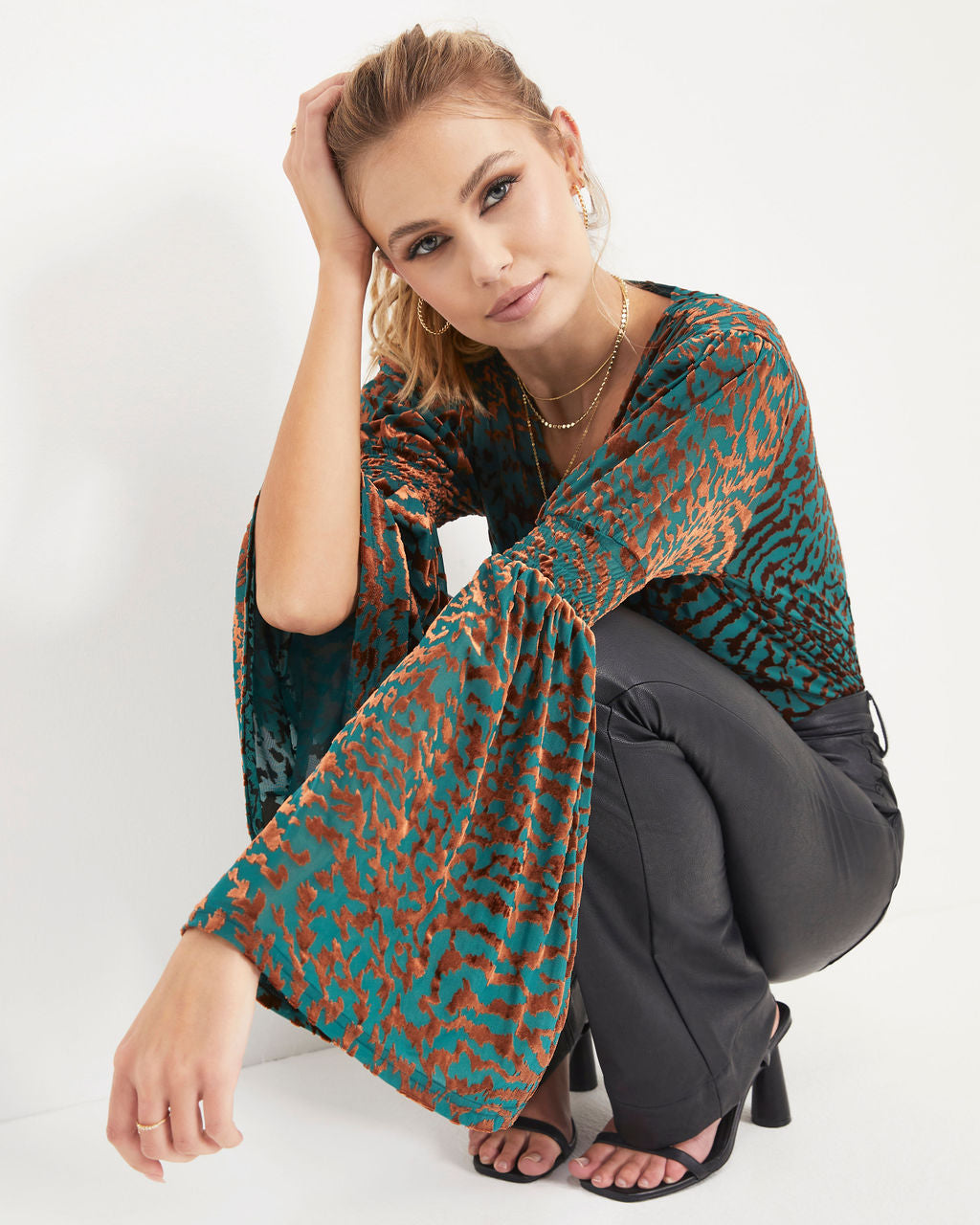 Annalisa Velvet Burnout Bell Sleeve Top - Green