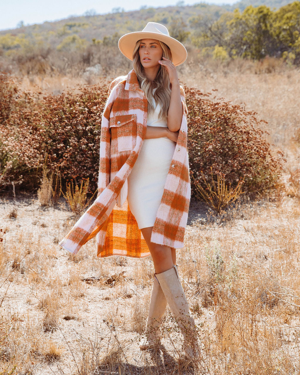 Sunkissed Fall Skies Pocketed Plaid Button Down Coat