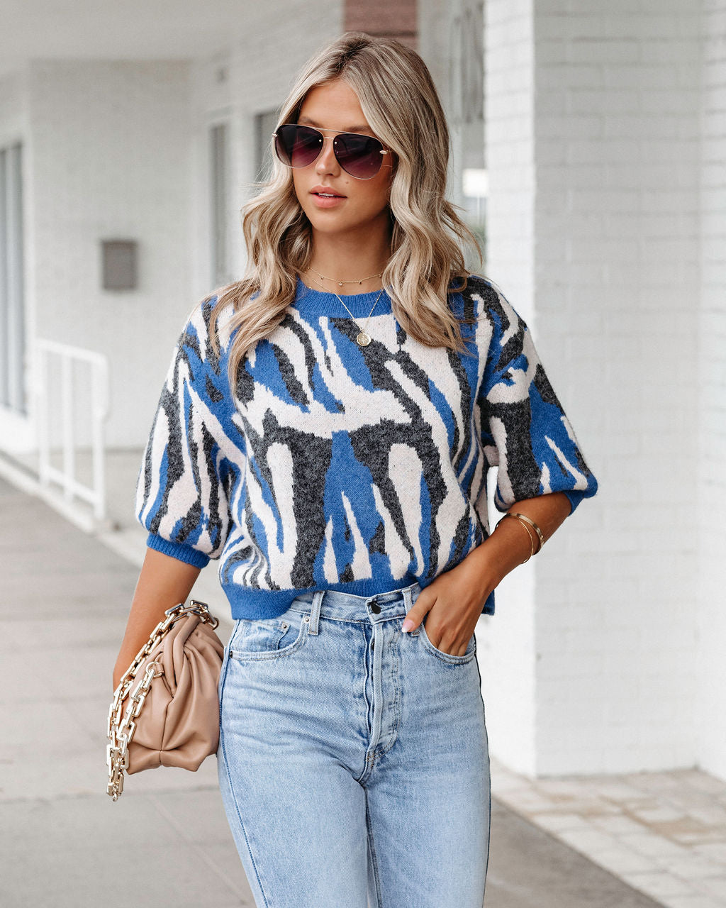 Cape Town Knit Printed Sweater Top - Blue Combo - SALE