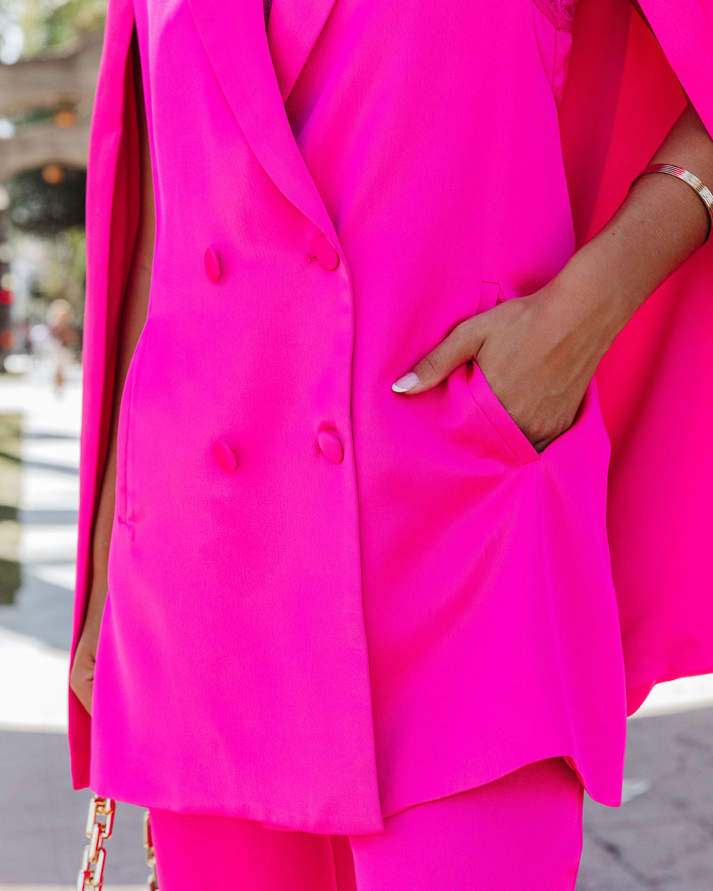 Statement Maker Satin Cape Pocketed Blazer - Hot Pink