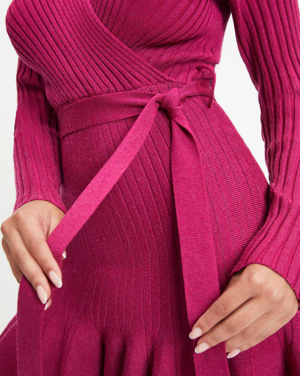 Very Lady Like Knit Ribbed Ruffle Mini Dress - Berry