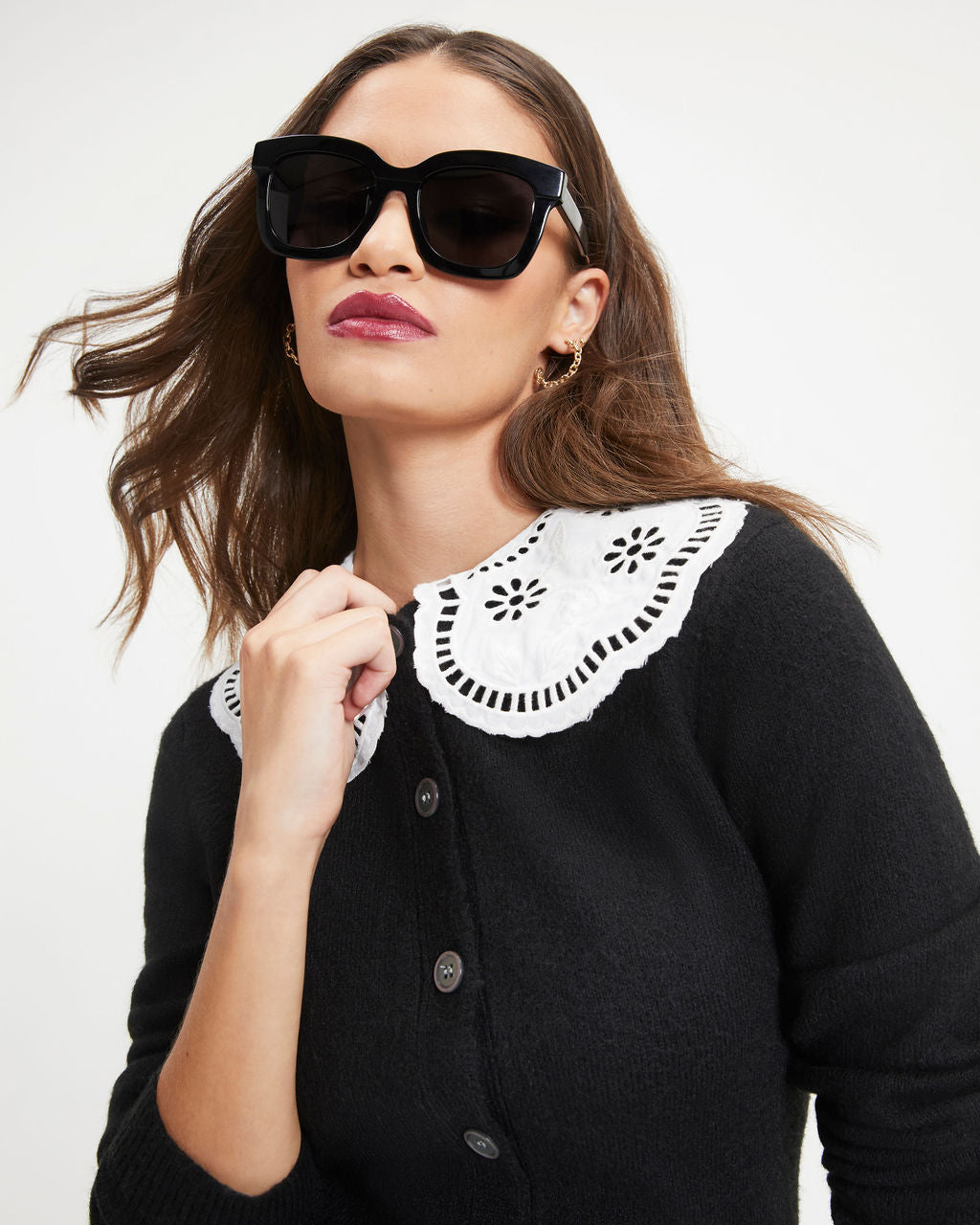 Full Of Grace Eyelet Collar Knit Cardigan - Black