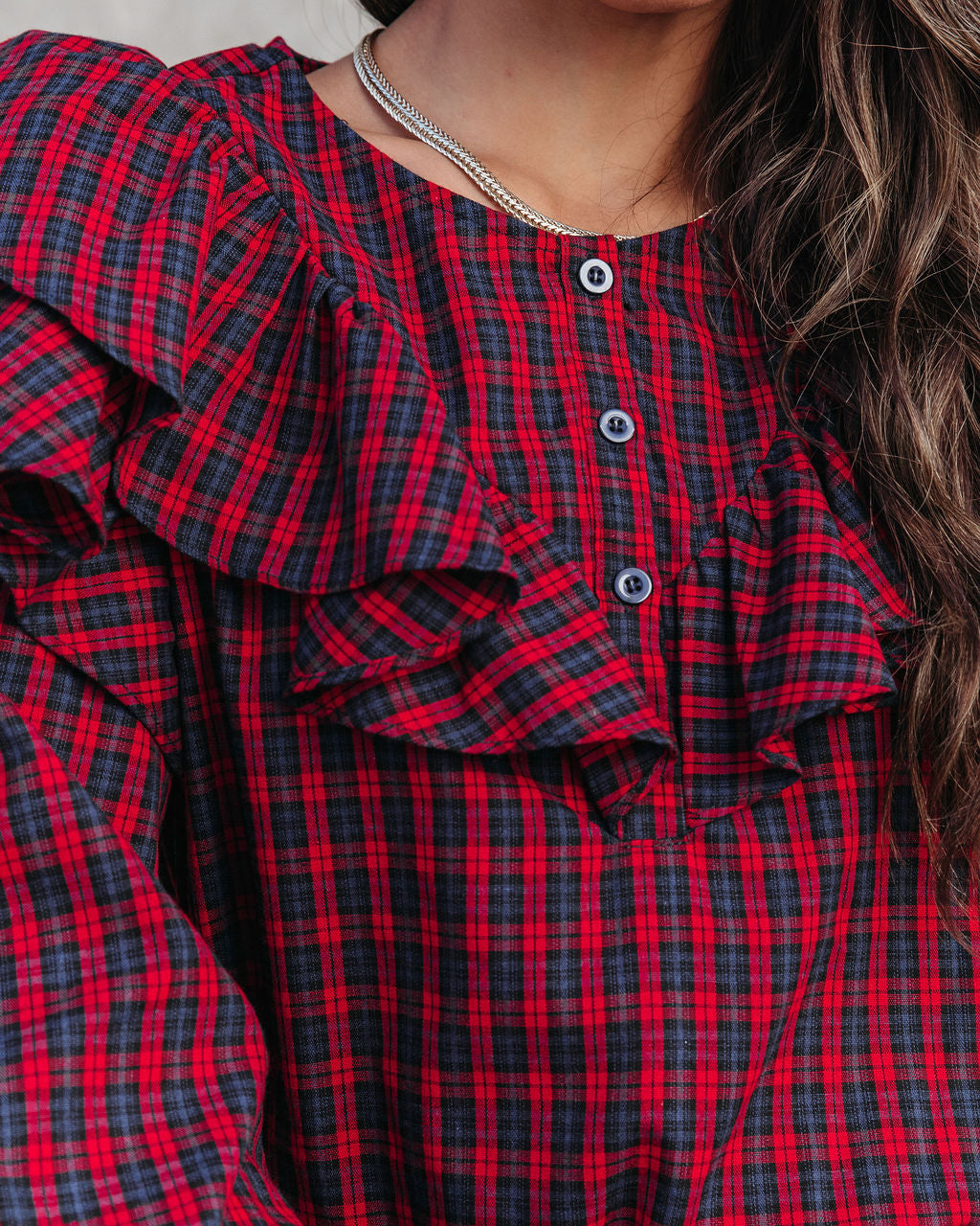 Clara Plaid Ruffle Long Sleeve Top - Red