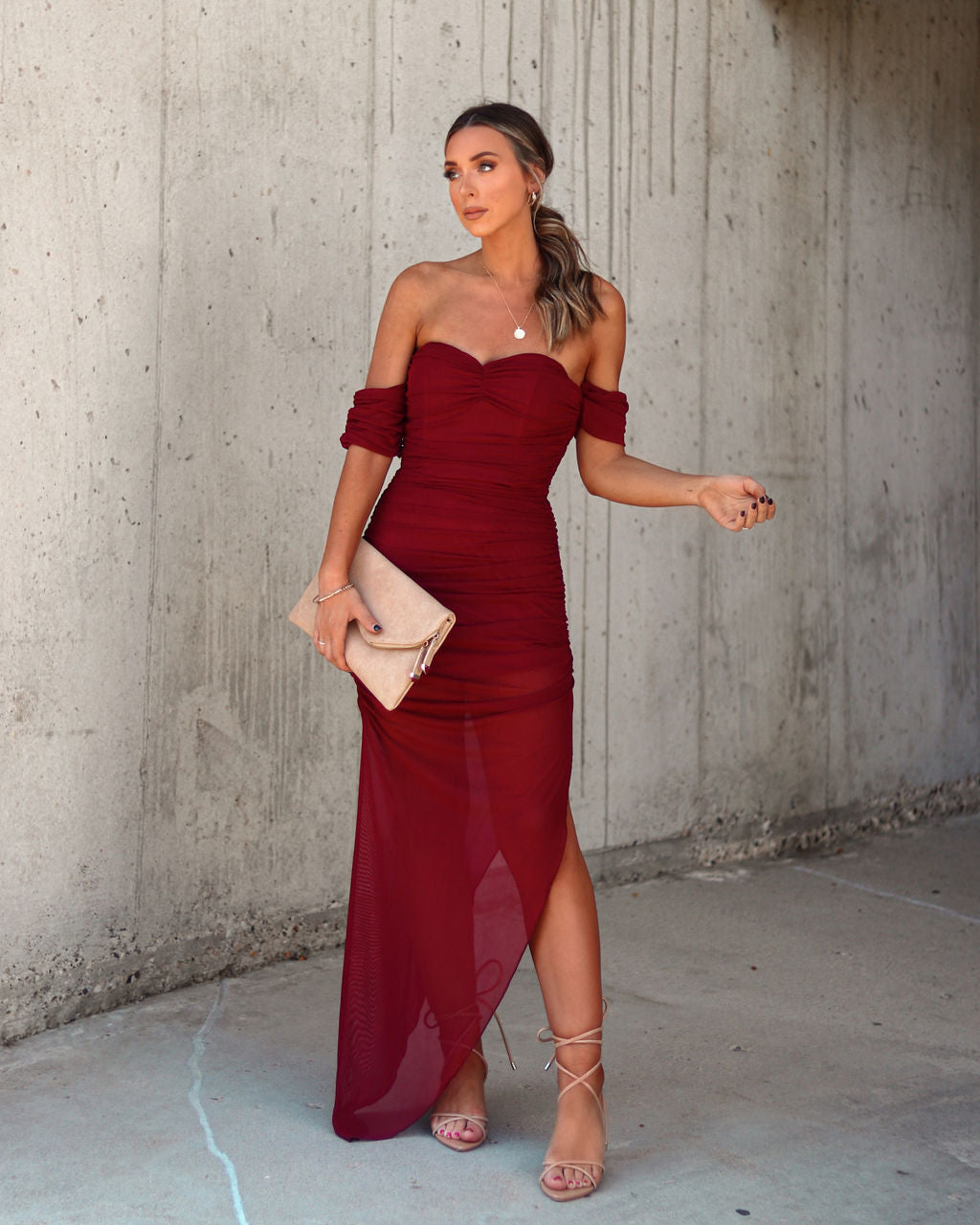 Pretty Women Off The Shoulder Sheer Maxi Dress - Wine