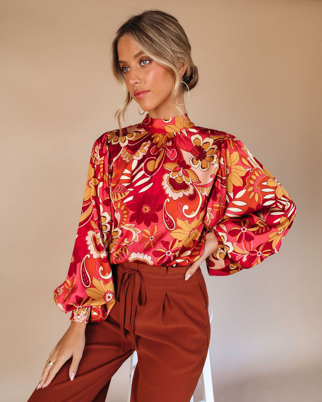 Dylann Satin Floral Balloon Sleeve Top