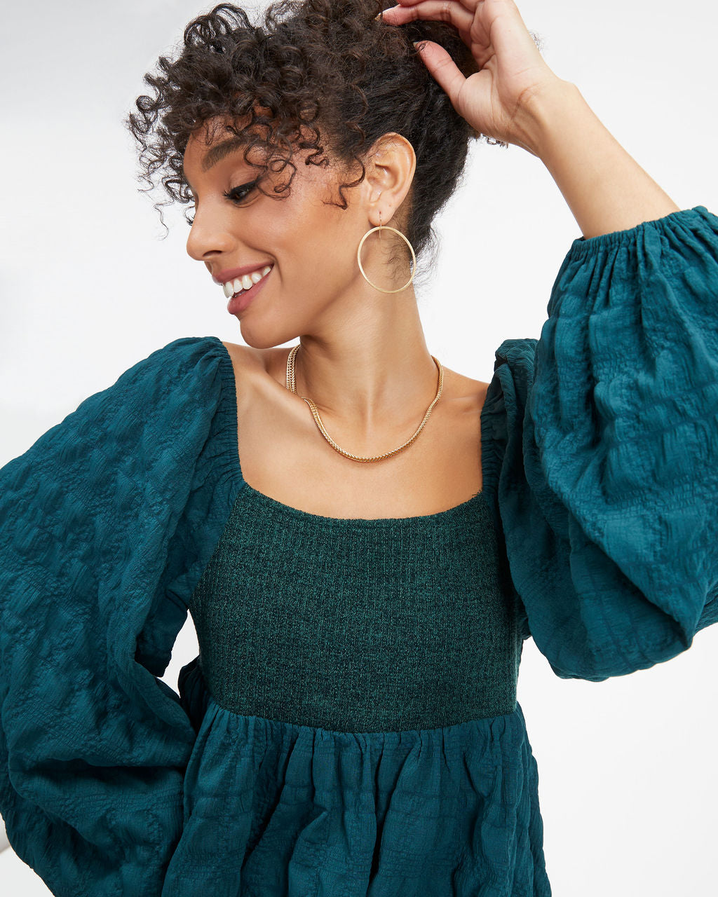 Lost In A Maze Textured Knit Babydoll Dress - Pine