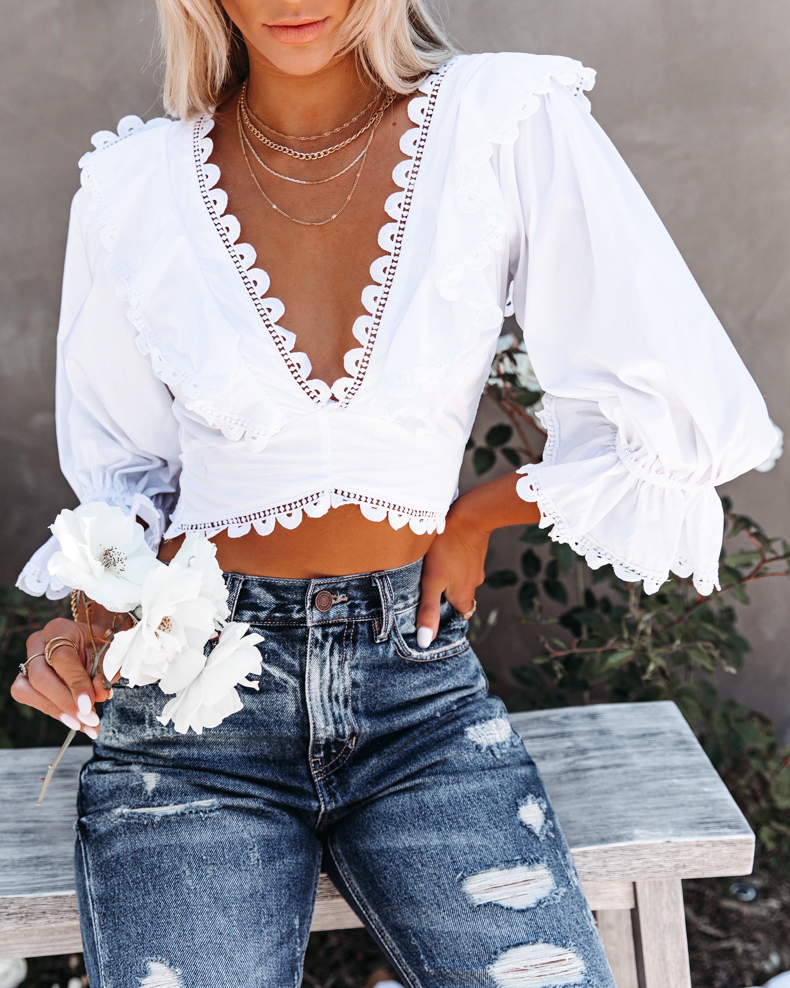 Rhonda Cotton Blend Crochet Lace-Up Crop Top - FINAL SALE